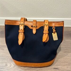 Vintage Dooney & Bourke Navy Blue Canvas Tan Leather Tote Bag Made in USA